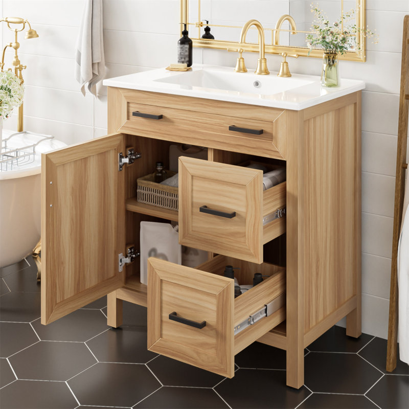 Meuble-lavabo de 30 po en bois avec cadre en bois massif, 1 porte à fermeture douce, 2 tiroirs à fermeture douce, tablette réglable, armoire de rangement moderne