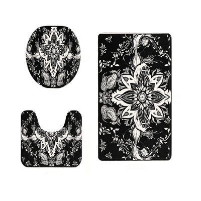 Black White Mandala Print Set of 3 Bathroom Rug Collection Black