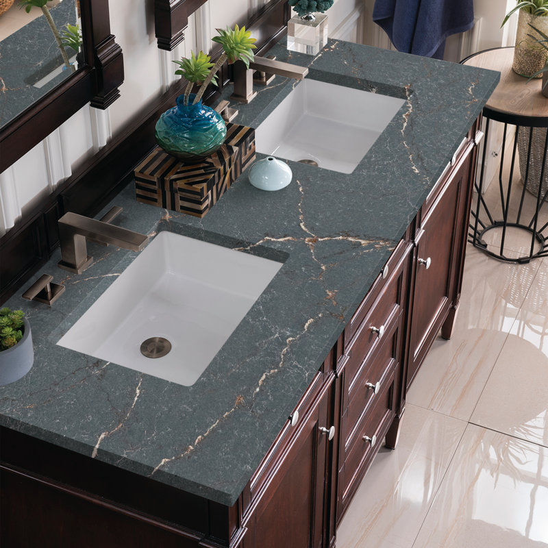 Brittany 60'' W Double Vanity, Burnished Mahogany, Parisien Bleu, 8" Widespread