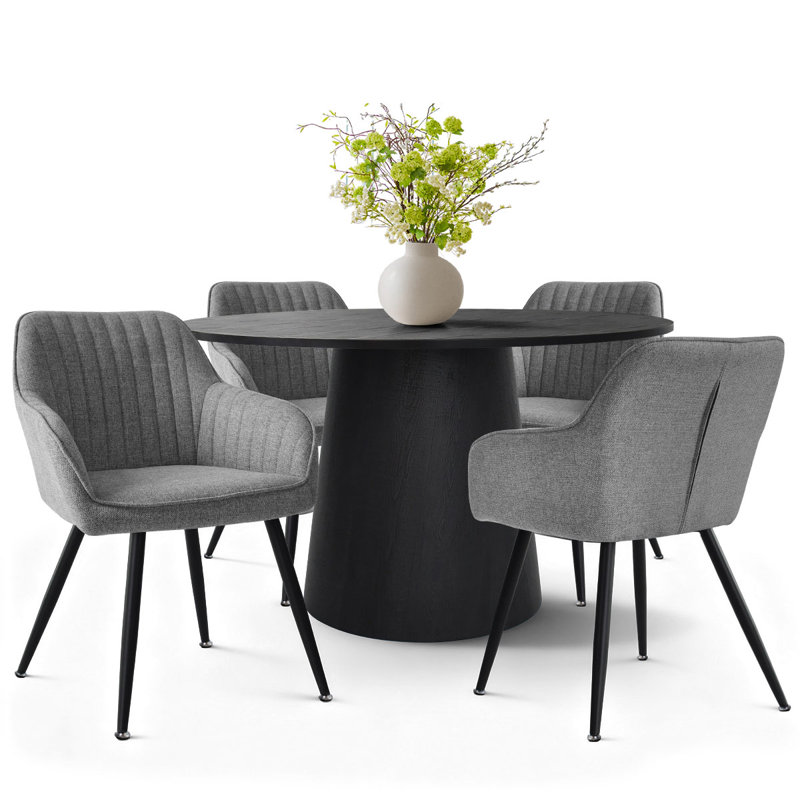 5-Piece Modern Round Dining Set With Black Pedestal Table And Upholstered Armchairs, Gray