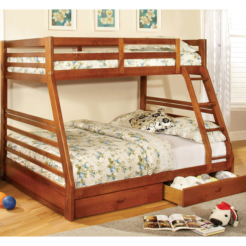 Lit superposé simple au-dessus de double moderne en chêne, deux tiroirs pour rangement sous le comptoir et attaché, principalement en bois massif, 10 pièces Lattes sur les deux lits de finition chêne, style, rangement, construction, haut et bas