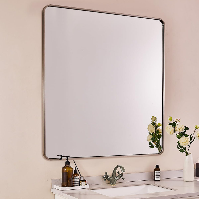 Miroir de salle de bain rectangulaire contemporain | Cadre épais en acier inoxydable, Nickel brossé, 40 po x 36 po