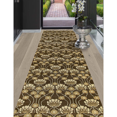 Tapis floral brun / beige en soie / laine noué à la main Floral