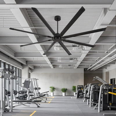 Ventilateur de plafond de 254 cm (100 po) à 8 pales en aluminium avec moteur à aimant permanent, télécommande, 6 vitesses et fonction réversible.