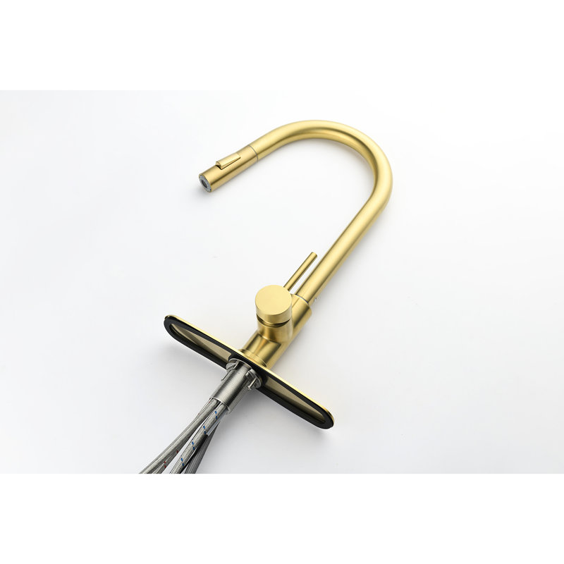 Robinet de cuisine rétractable en acier inoxydable brossé doré, buse rotative à 360 °, deux réglages de débit d'eau, poignée simple pour un contrôle facile, finition anticorrosion, profondeur de 16 po, largeur de 10,03 po, hauteur de 8,77 po,