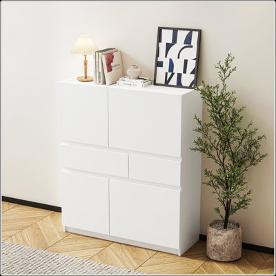 White Wooden Storage Cabinet With 4 Doors And 2 Drawers, Spacious And Versatile For Modern Home Organization