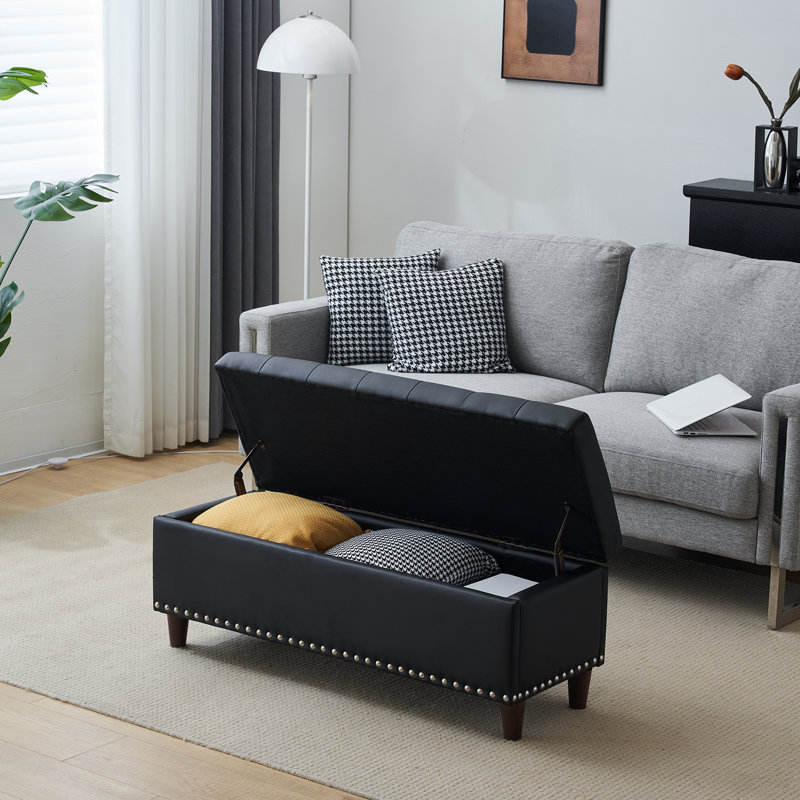 Bashemath Faux Leather Upholstered Storage Bench, Black Faux Leather