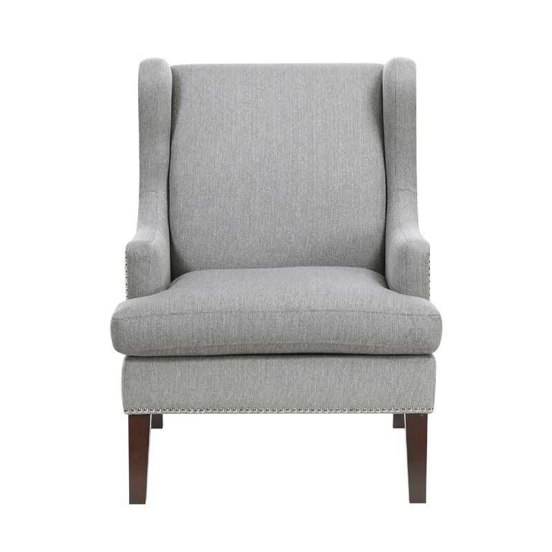 Fauteuil à oreilles Rossana, polyester, bois, tête de clou, Gris
