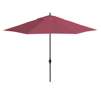 Parasol de patio noir mat 11 pieds avec nervures en fibre de verre et col inclinable en rose vif