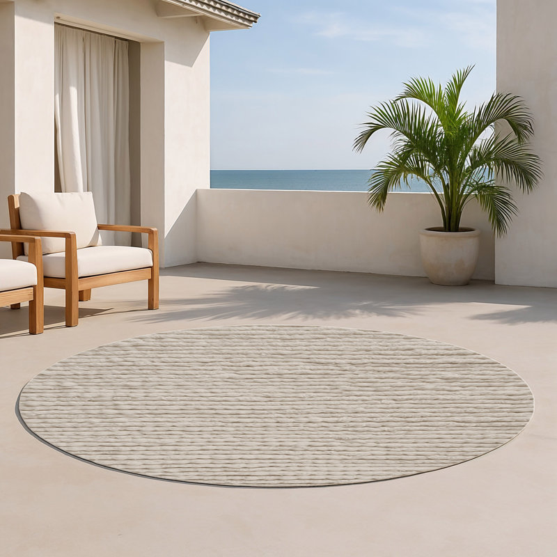 Tapis beige uni d'intérieur et d'extérieur, Rond 5 pi