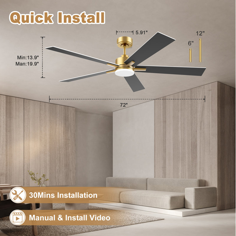 Ventilateur de plafond moderne à 5 pales avec lumières, télécommande et contrôle Alexa, moteur à courant continu silencieux, à intensité variable, intérieur extérieur