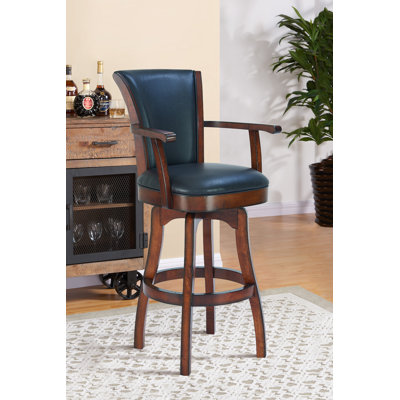 Shockley Swivel Barstool with Arms in Wood and Faux Leather