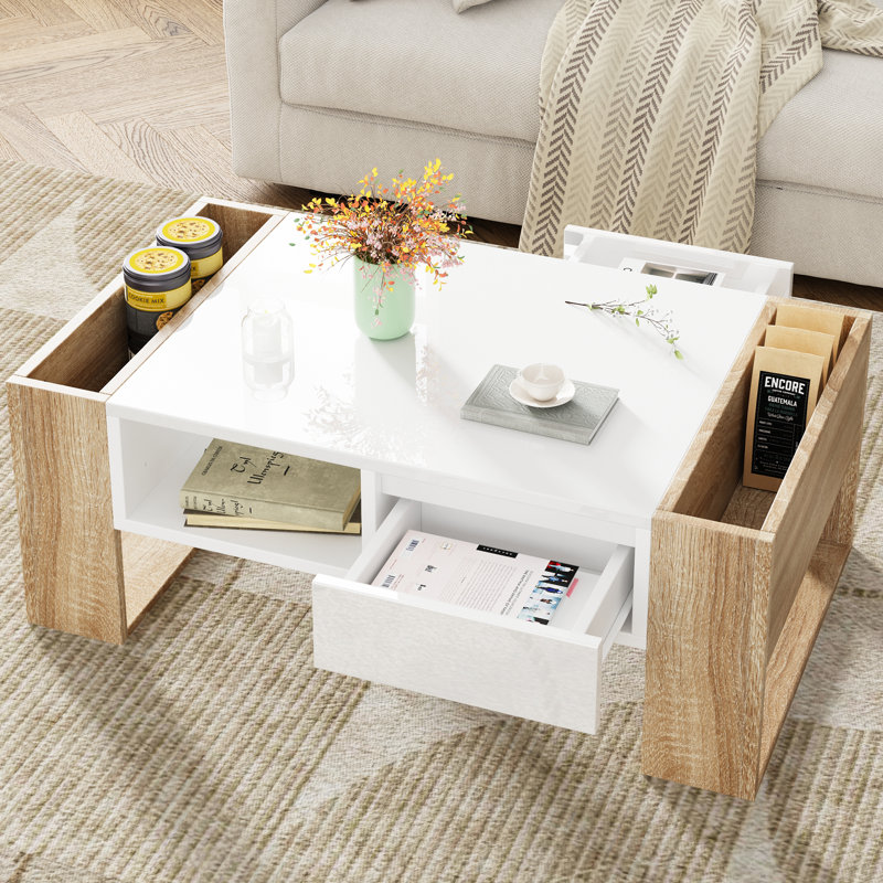 High Glossy Coffee Table with 2 Drawers, Practical Two Tone Center Table with Hidden Compartments, Rectangle Cocktail Table with Open Storage Shelf for Living Room, Bedroom, 41.3*23.6"