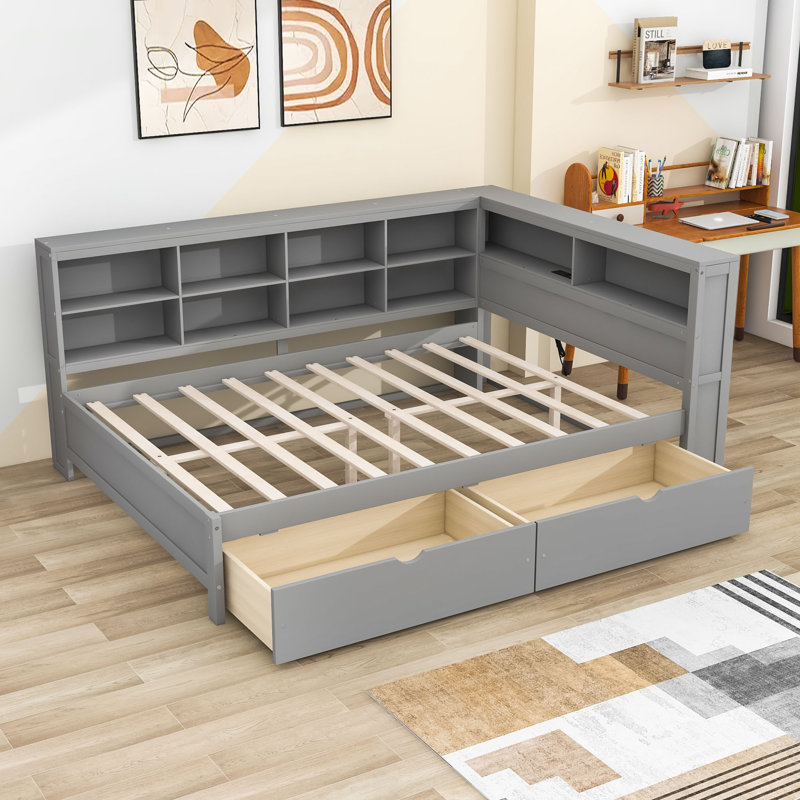 Lit de jour en bois Broadview avec 2 tiroirs et rangement et USB, Gris