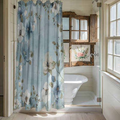 Rideau de douche standard bleu à motif floral antique - 1 pièce