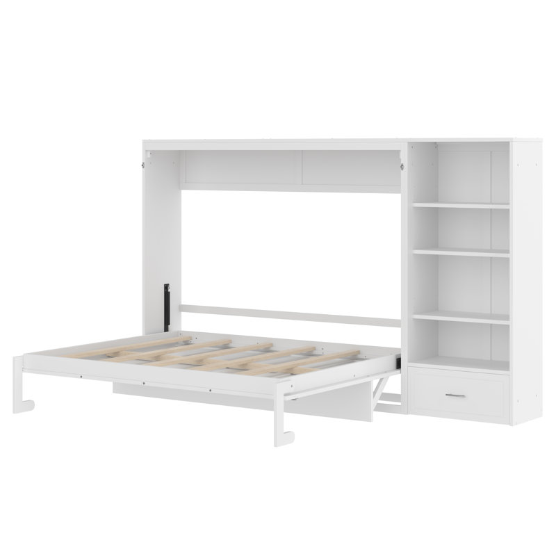 Grand lit escamotable avec tablettes de rangement réglables en hauteur et 1 tiroir, Blanc