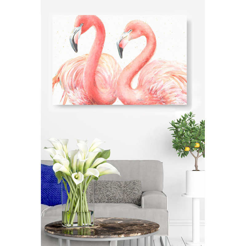 Flamant rose sur deux, blanc, rose, rouge, or, H 16 po x l 24 po x P 1,5 po
