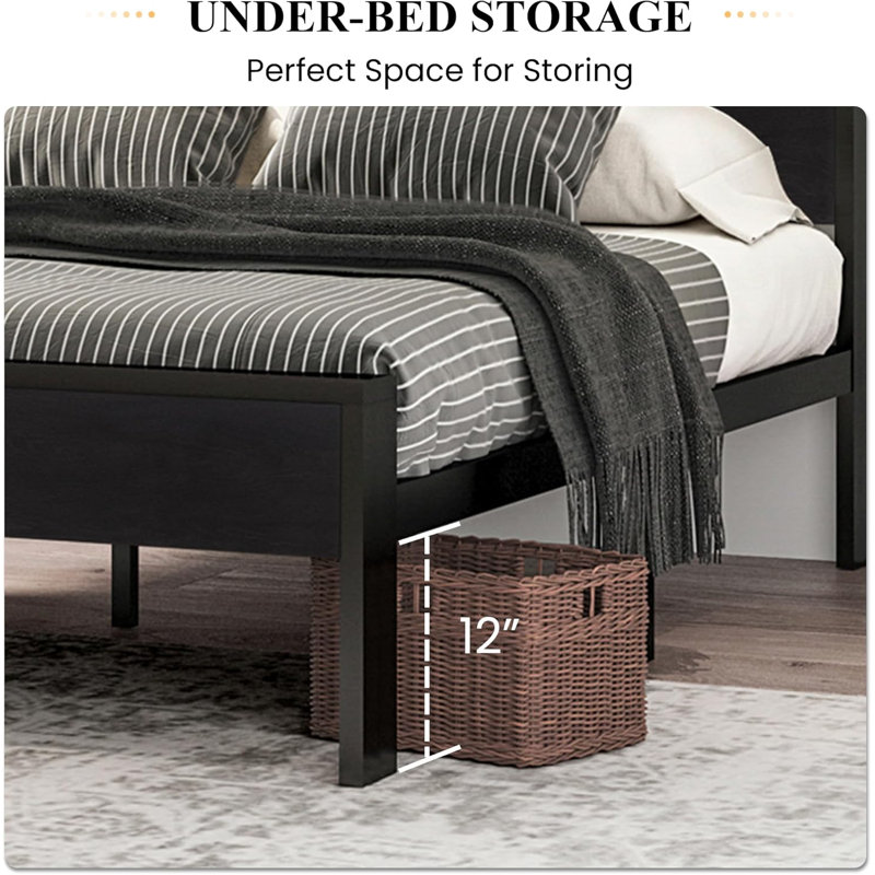 Black Oak Queen Metal Platform Bed Frame with Wooden Headboard