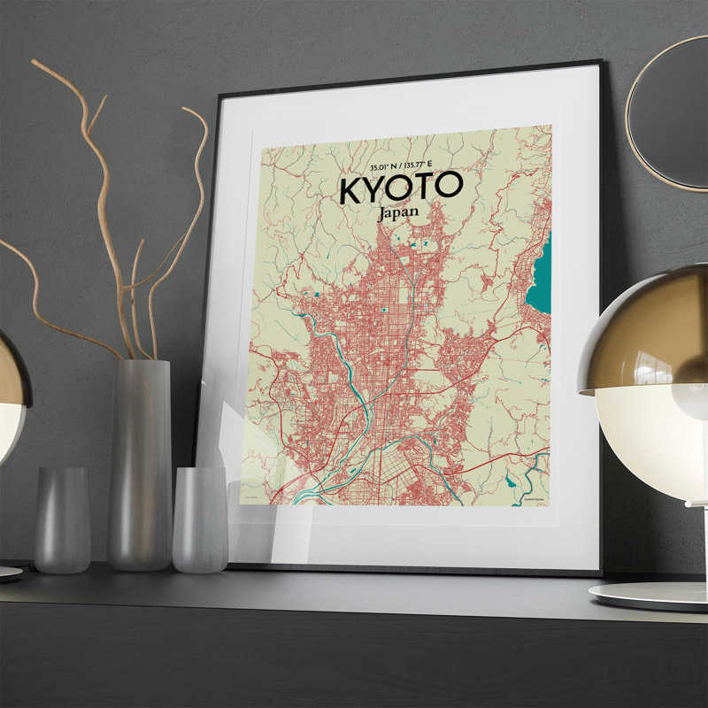 Kyoto City Map in Tricolour 1 Piece Wall Art, 20cm H x 16cm W x 0.05cm D
