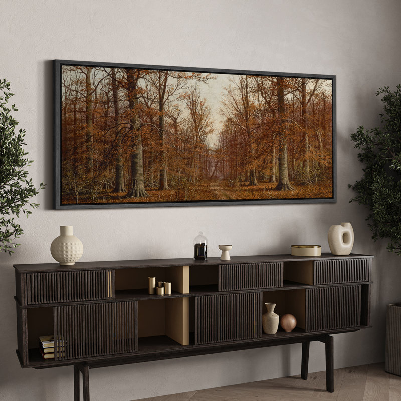 Rustic Countryside Autumnal Forest Pathway, reproduction d'art sur toile, H 30 po x l 60 po, Noir, noir, noir, noir