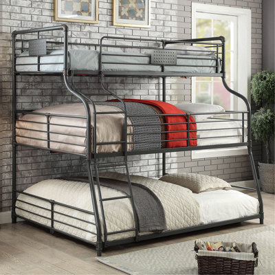 Twin Over Full Over Queen Unique Industrial Style Bunk Bed Full Metal Structure Upper Beds Guard Rails Attached Curved Ladder