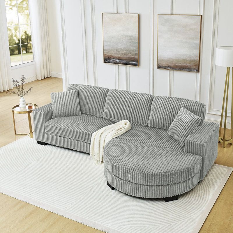 Canapé modulaire en L avec coussins et repose-pieds, Velours côtelé gris