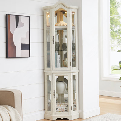 Vitrine de coin lumineuse avec portes et tablettes en verre trempé - Élégant rangement en chêne pour le salon et la chambre à coucher - Cerisier foncé