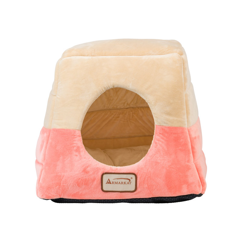 Small Orange and Beige Velvet Cat Bed with Fiberfill