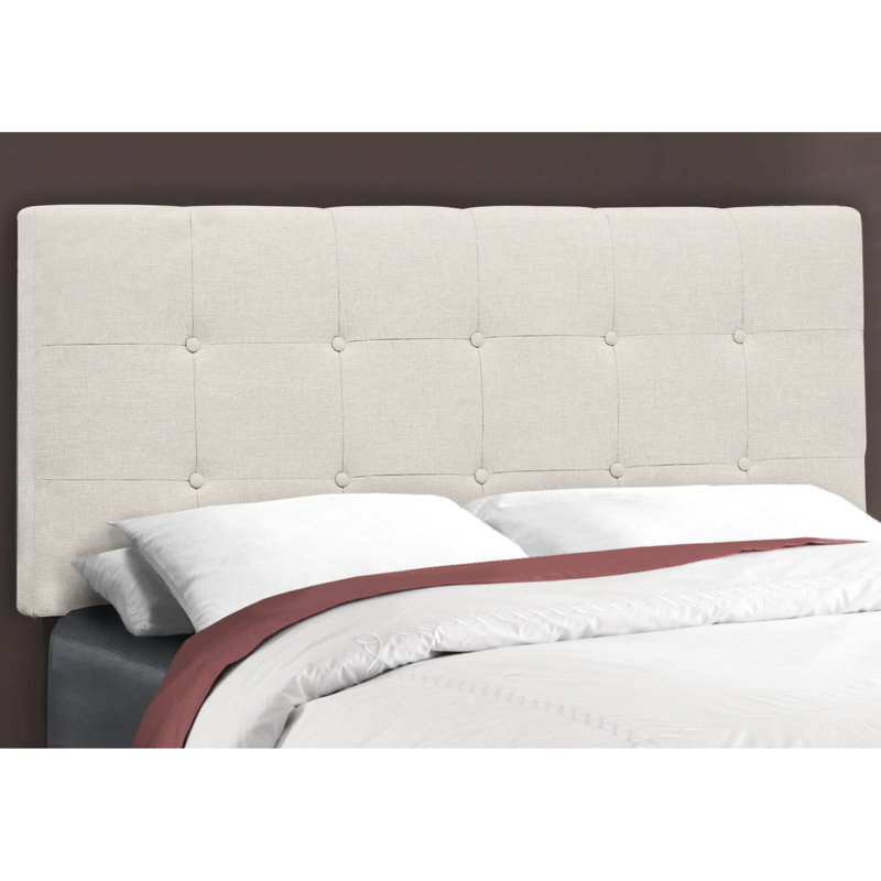 Lit double avec revêtement en lin beige et pieds fiables revêtus de tissu d'ameublement noir