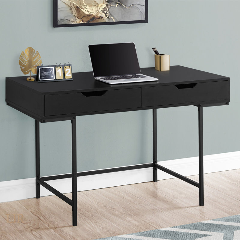 Modern Black Laminate Computer Desk With Storage Drawers And Metal Frame For Home Office, 48 Inch Length, Black/Black