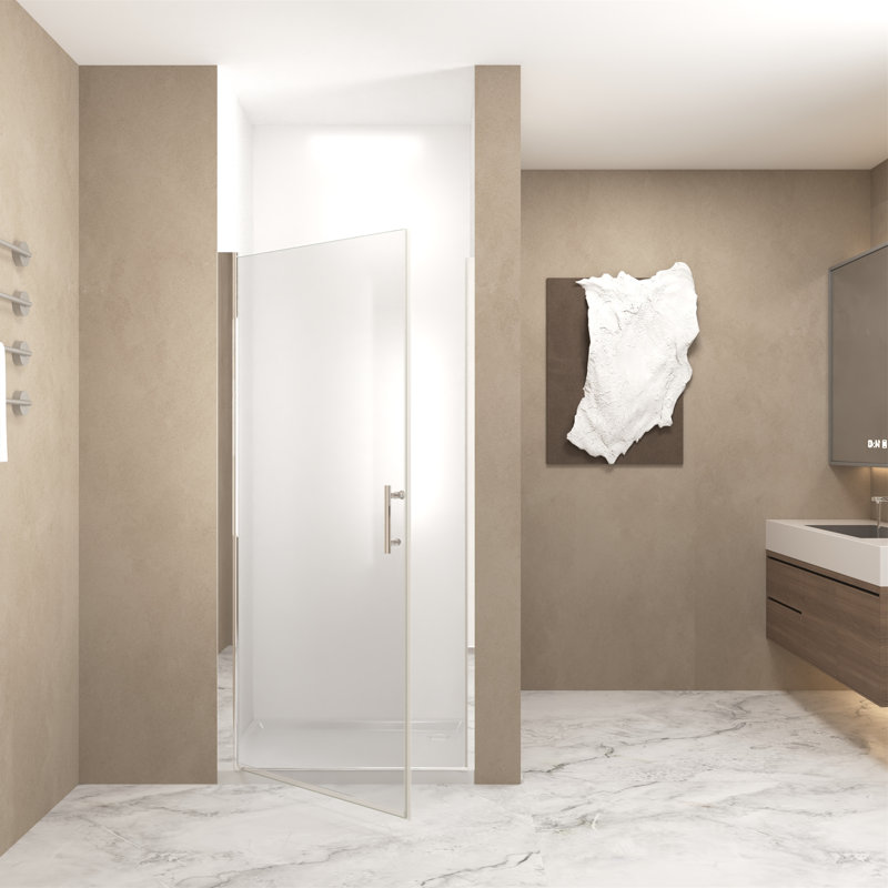 Porte de douche pivotante 32 po x 72 po en nickel brossé à demi-cadre en aluminium trempé 1/4 po avec film anti-déflagrant, certifié ANSI Z97.1 et design minimaliste moderne