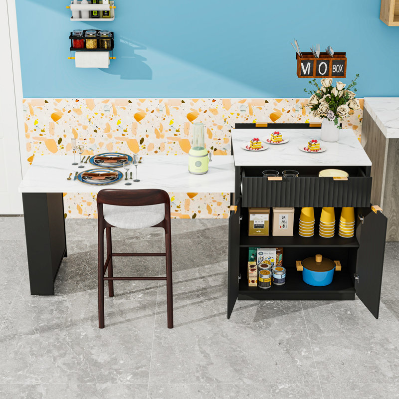 Kitchen Island with Power Outlet, Open Shelves and 2 Drawers, White/Black
