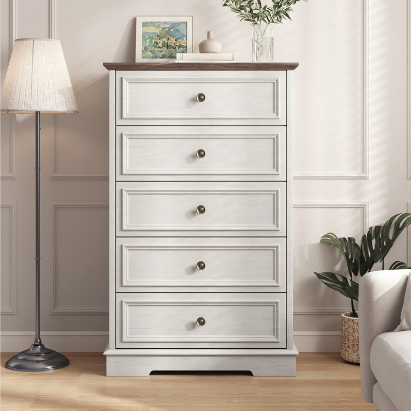 Commode 5 tiroirs l 27,5 po avec poignées couleur bronze Valera, Blanc/noyer