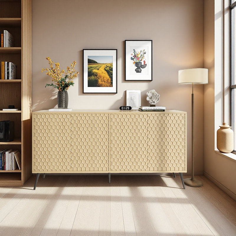 Buffet Mid-Century moderne 63 po - 5 pieds de support et 4 tablettes réglables - Armoire de rangement pour le vestibule ou le salon