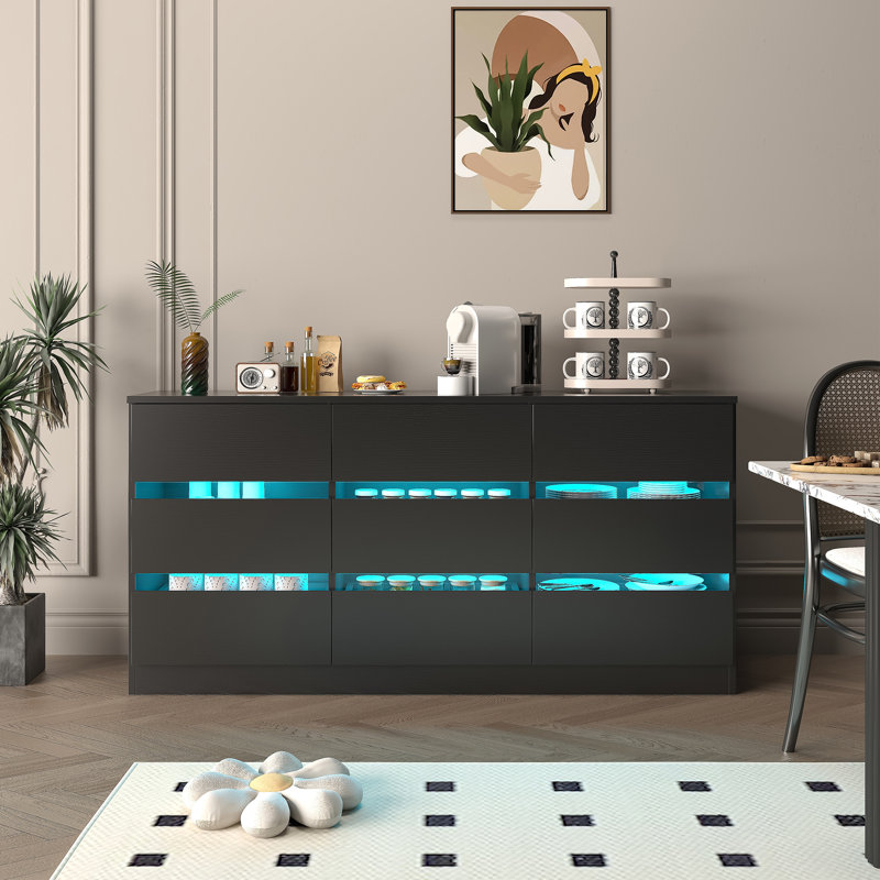 Commode 9 tiroirs avec lumière DEL, Noir