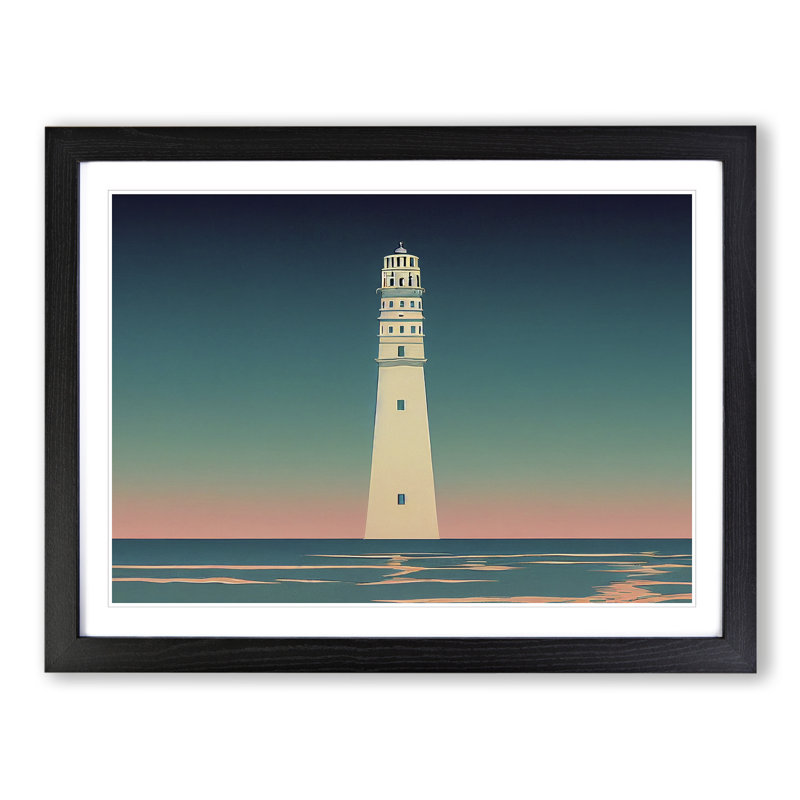 Lighthouse Deco Style - Single Picture Frame Print, Black, 46cm H x 64cm W