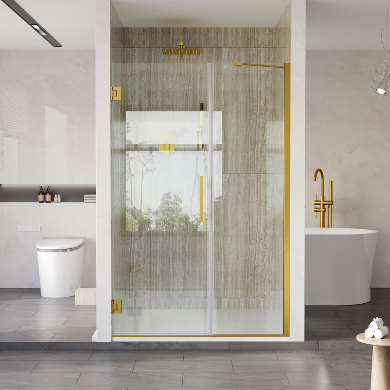 Porte de douche sans cadre à charnières avec paroi de douche fixe en verre trempé transparent SGCC de 9,5 mm (3/8 po), finition or brossé, dimensions : 119-122 cm (47-48 po) de largeur x 183 cm (72 po) de hauteur