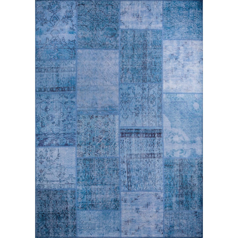 Blue Patchwork Woven Base Decorative Carpet, Rectangle 3'10" x 5'3"