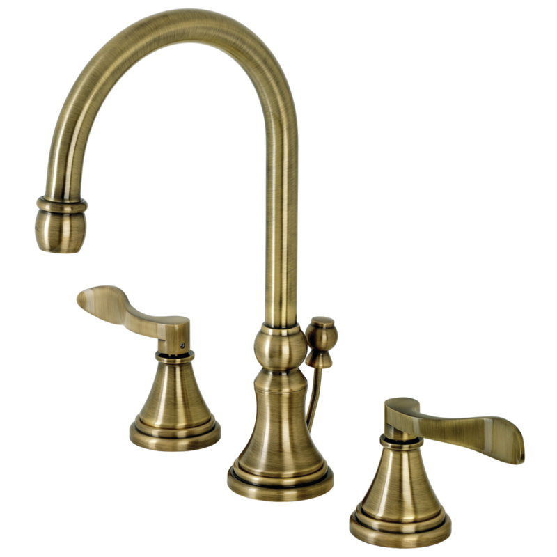 Kingston Brass NuFrench Two-Handle 3-Hole Deck Mount Widespread Bathroom Faucet with Brass Pop-Up Drain, Antique Brass