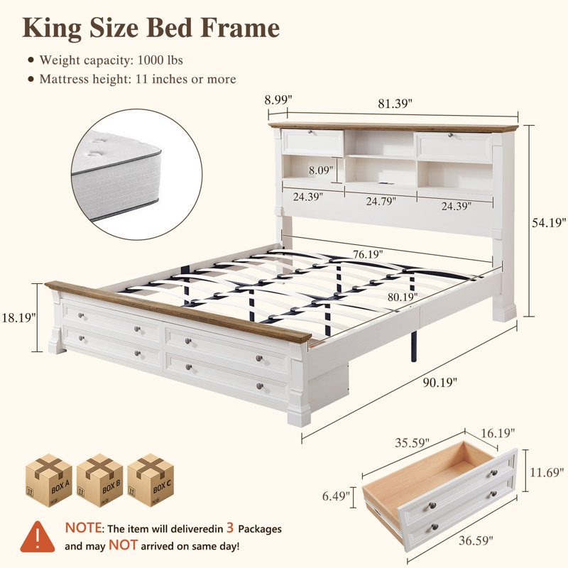 Farmhouse Storage King Bed Frame with 2 Underbed Drawers, Storage Headboard with 2 Bedside Drawers & Open Bookcase Shelves, Charging Station Included