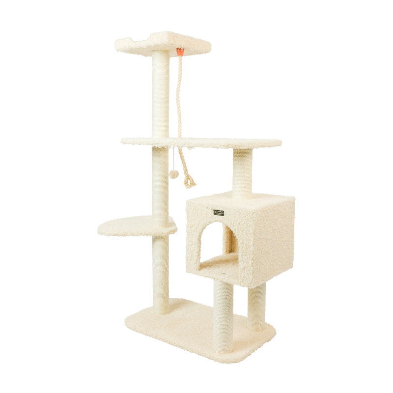 57" Beige Faux Fur and Sisal Cat Tree with Condo