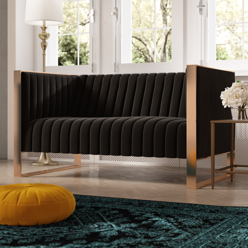 Trillium 57" Mid-Century Modern Velvet Upholstered Loveseat in Black, Black Velvet