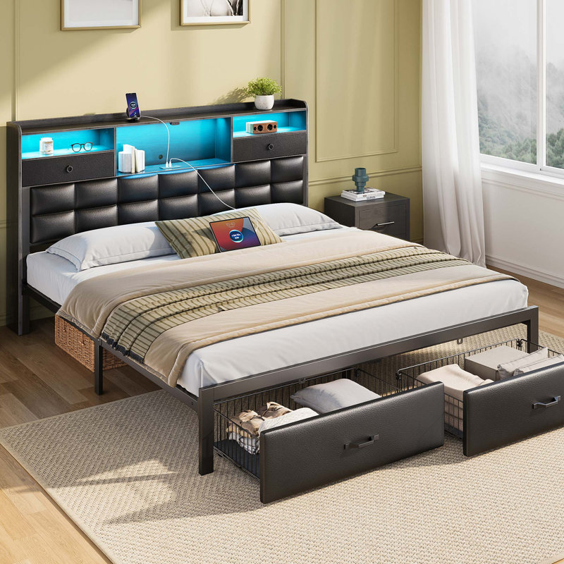 Bed Frame with Drawers and Headboard, Upholstered Storage Bed with Charging Station and LED Lights, Black, Full/Double