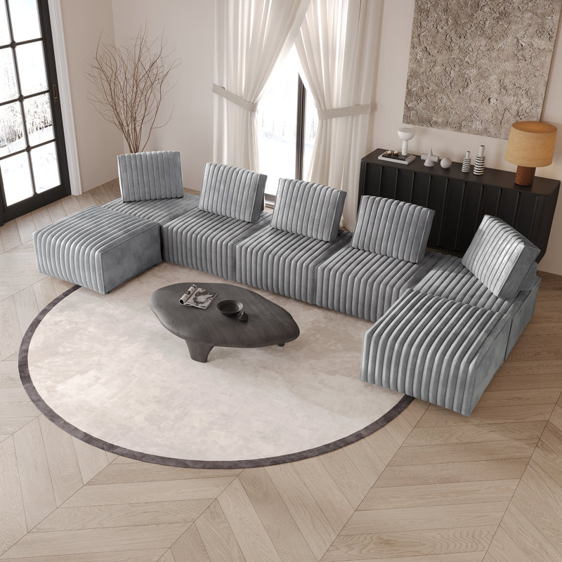 7-Piece Velvet Upholstered Modular Chair Set 2, Silver Grey