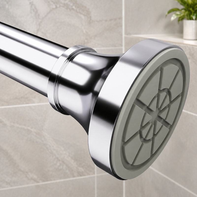 This silver heavy-duty spring-tension shower curtain rod adjusts from 31-80 inches and has a 1-inch diameter; rustproof stainless steel construction and no-drill mounting make it suitable for bathrooms, kitchens, and closets.
