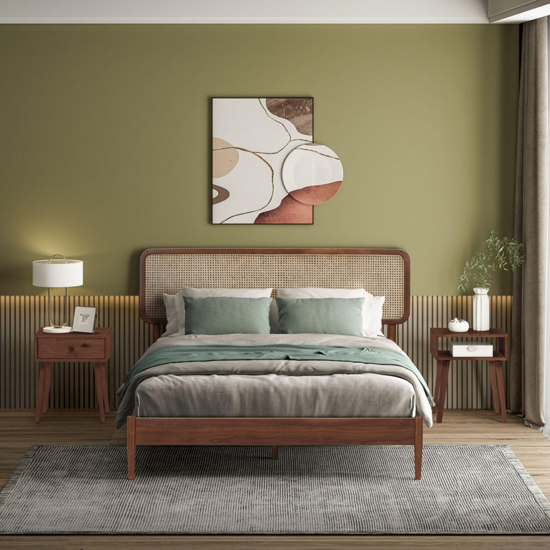 NTC Lupin Wooden Bed Frame with Headboard and Natural Rattan, Solid Oak/Rubber Wood Foundation with Silent Slats, 1000 Lb Capacity, Effortless Assembly