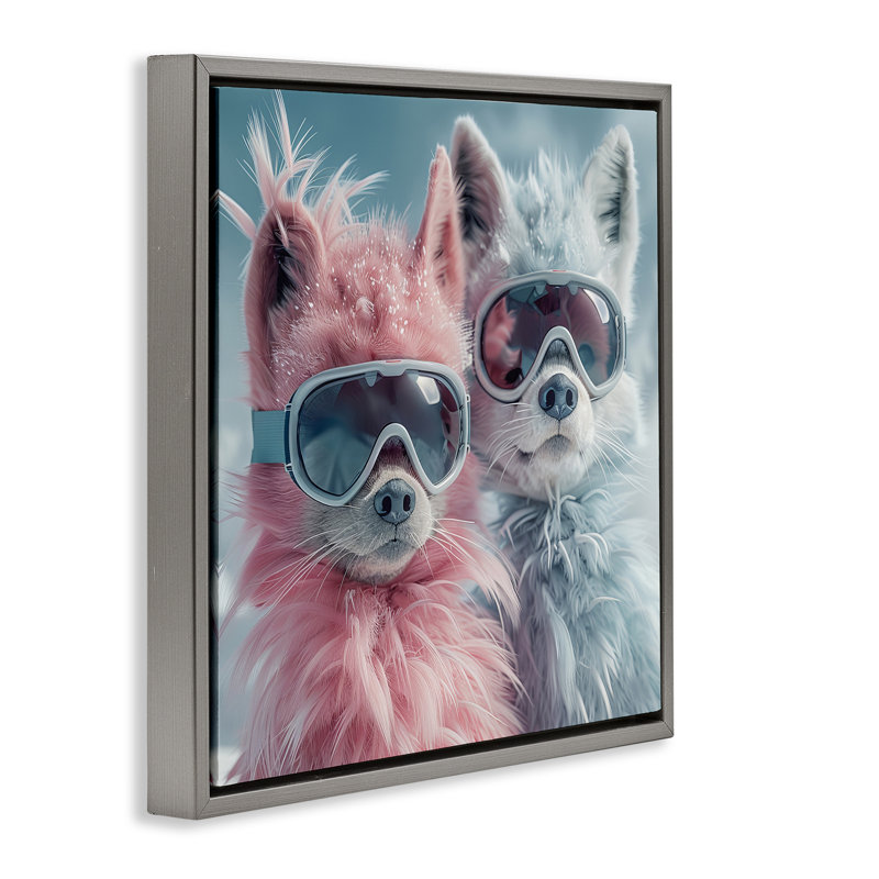 «Foxes in Winter Goggles», art mural sur toile flottante noire par Lazar Studio, Cadre flottant gris lustré