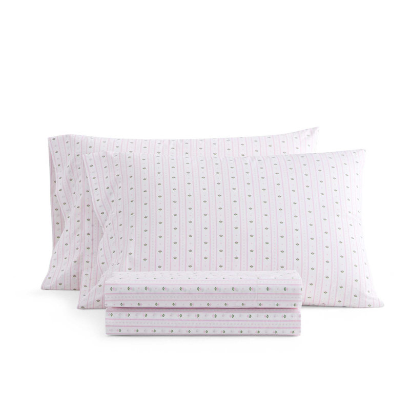 Martha Stewart Cotton Percale  Sheet Set, Full Sheet Set with 2 Pillowcases, Floral Stripe Pink