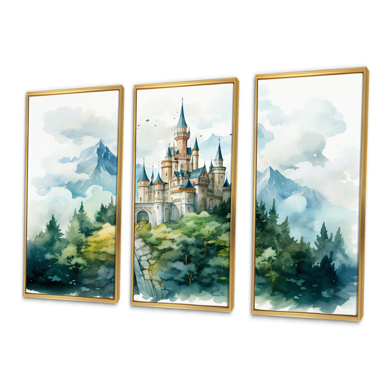 Montagnes médiévales, châteaux, art mural, Cadre flottant doré, H 28 po x l 36 po x P 1 po