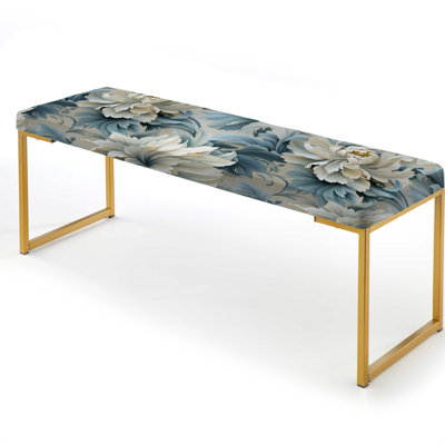 Petal Symphony Blue Damask Harmony I - Damask Upholstered Gold Bench